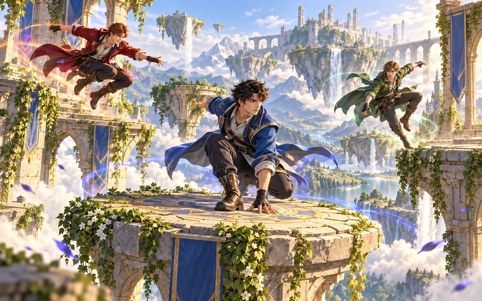 Original blue, red and green male platform adventurers leaping between floating academy platforms
