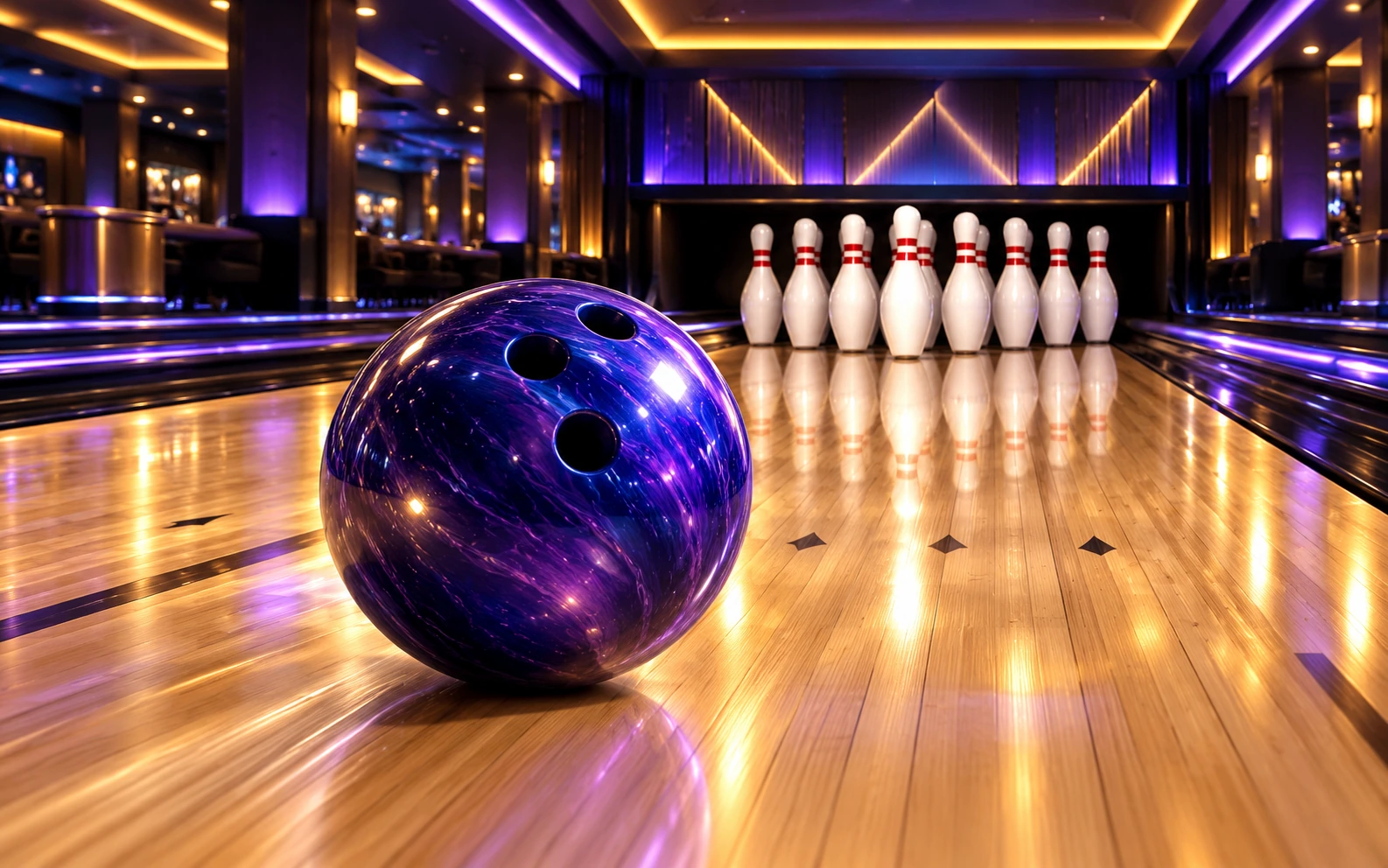 Original violet bowling ball and white pins on an elegant polished wooden lane
