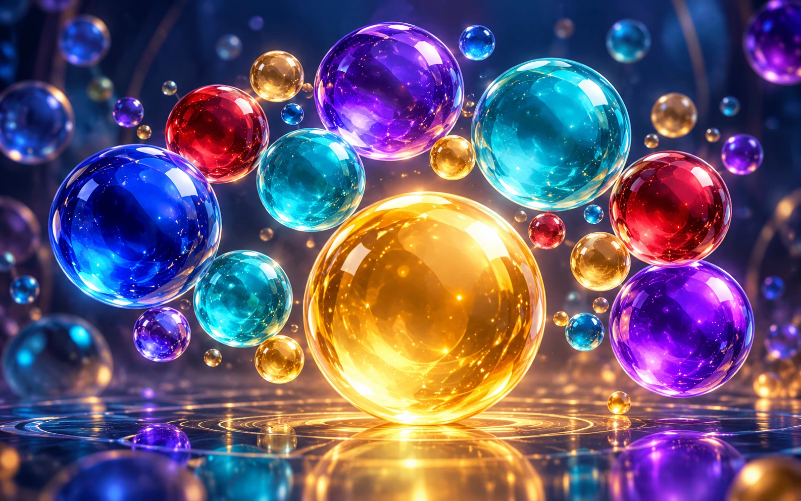 Original jewel-coloured glass bubbles surrounding a luminous golden bubble
