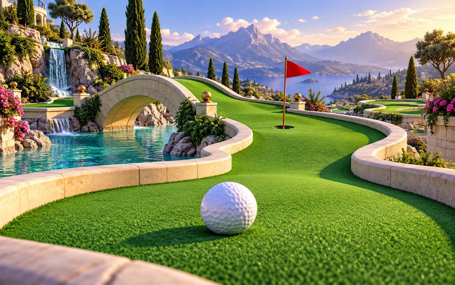 Original mini-golf course with a white ball, emerald greens, stone bridge and turquoise water