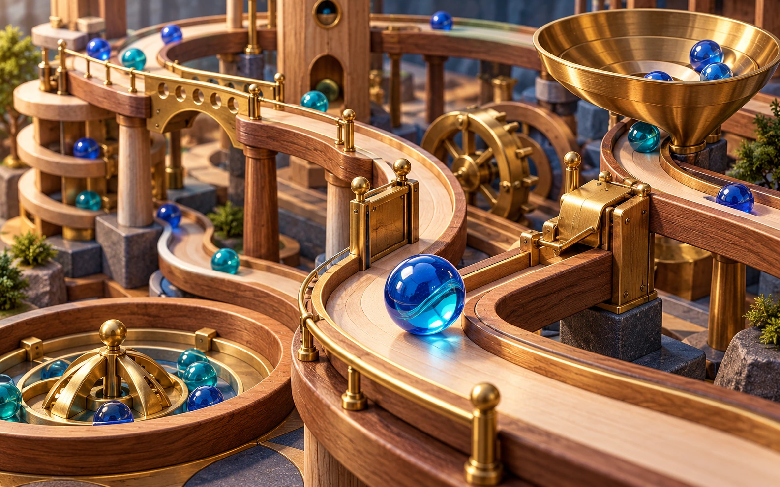 Original blue glass marbles following an intricate wooden and brass puzzle track