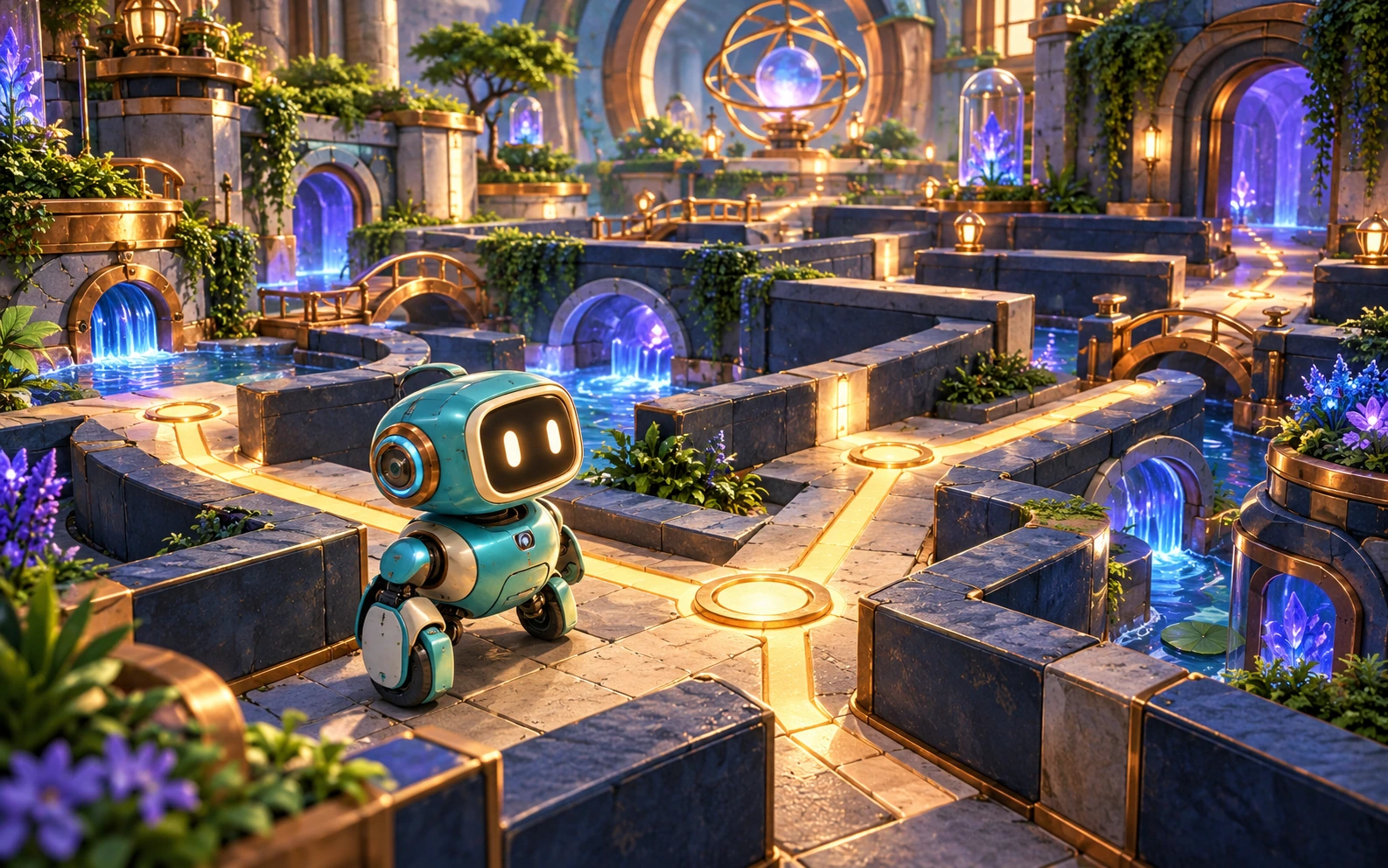 Original friendly turquoise robot exploring a stone maze with gold route markers