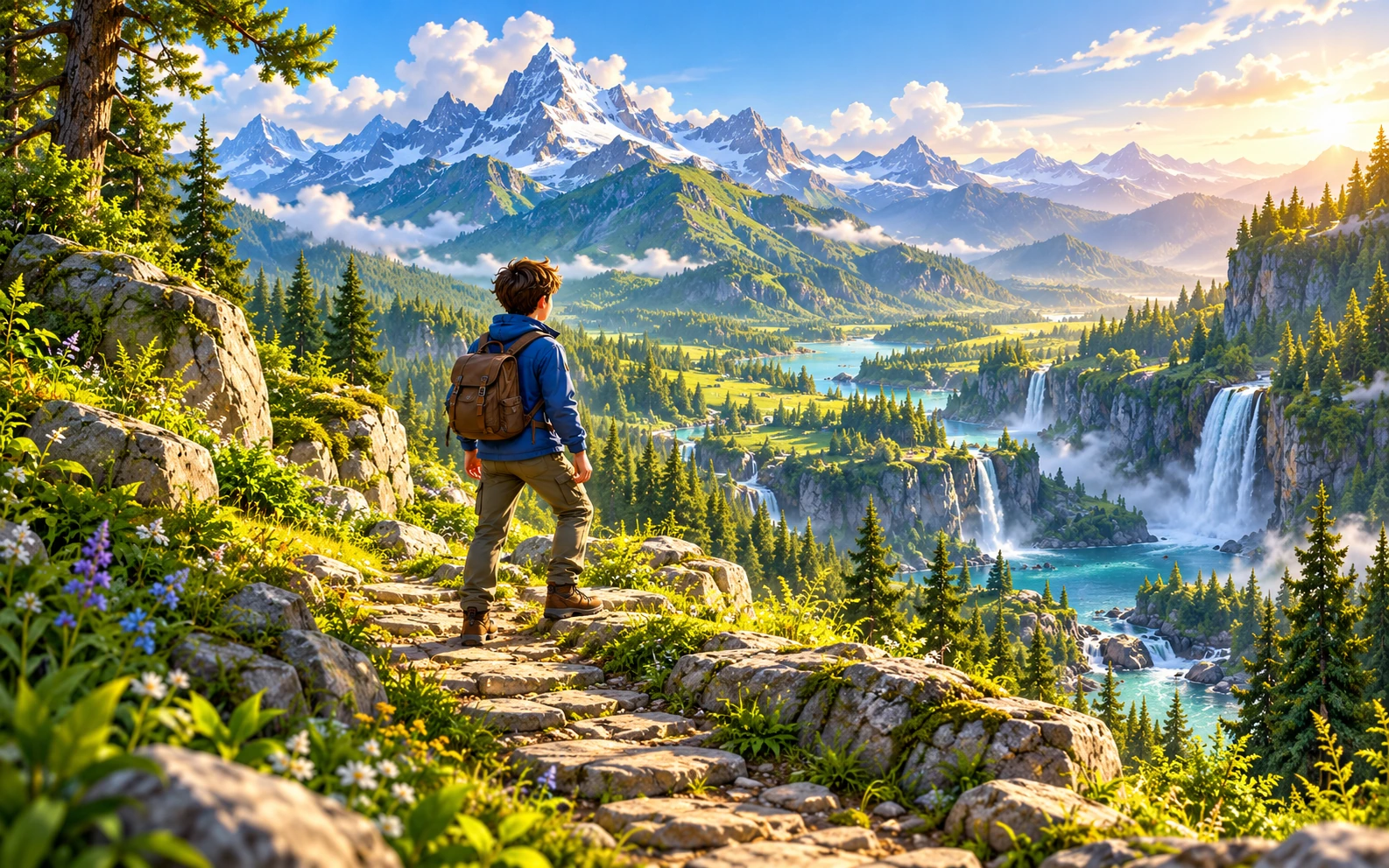 Original male hiking adventurer overlooking a green valley and waterfalls