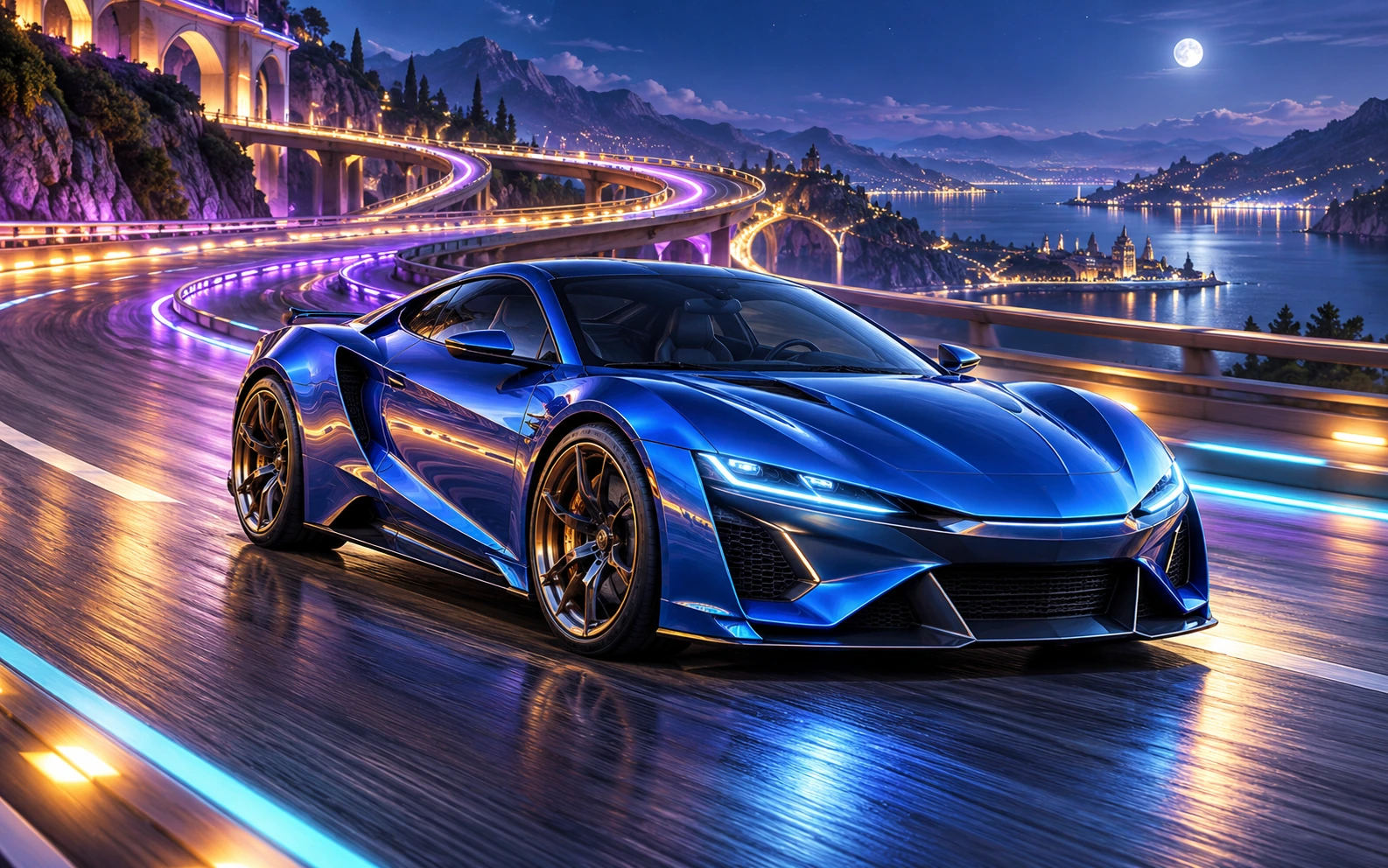 Original cobalt-blue sports car on a violet and gold illuminated mountain circuit