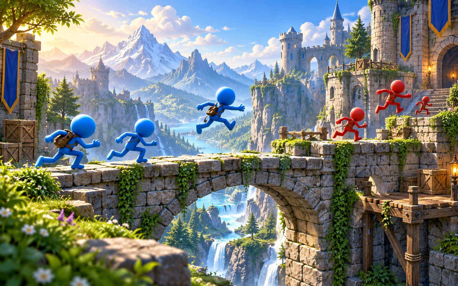 Original blue and red stick-figure adventurers crossing a stone castle bridge above a mountain valley