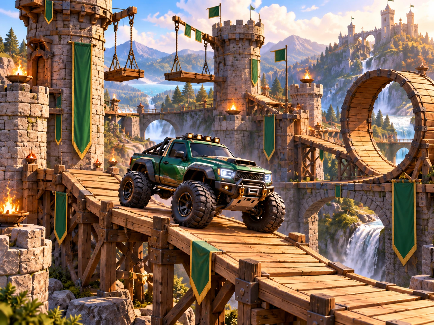 Original green off-road truck on wooden ramps within a playful stone fortress obstacle course