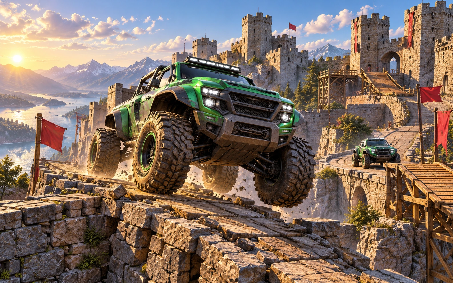 Original green off-road trucks navigating stone fortress ramps in mountain scenery